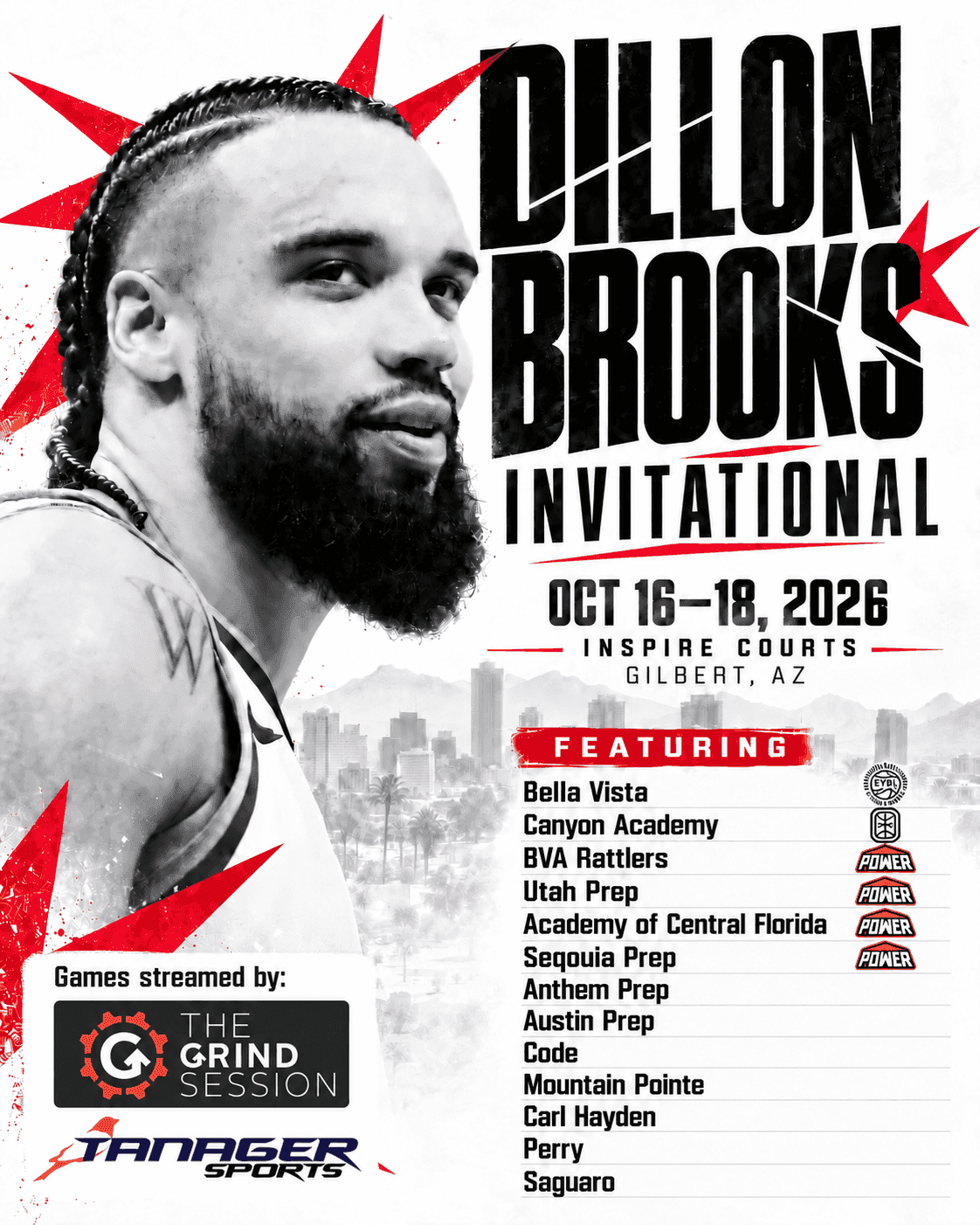 Dillon Brooks Invitational flyer: Oct 16–18, 2026 at Inspire Courts, Gilbert, AZ